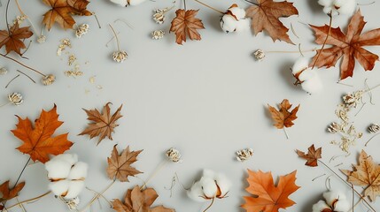 Poster - Autumn composition Frame made of cotton flowers dried maple leaves on pastel gray background Autumn fall concept Flat lay top view copy space : Generative AI