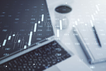 Poster - Multi exposure of abstract statistics data hologram interface on computer background, computing and analytics concept