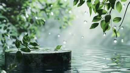 Aufkleber - Empty round podium pedestal green leaves against the background of water with drops and ripples : Generative AI