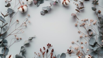 Poster - Autumn composition Frame made of eucalyptus branches cotton flowers dried leaves on pastel gray background Autumn fall concept Flat lay top view copy space : Generative AI