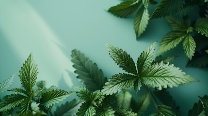 Poster - Creative nettle leaves layout with paper card note copy space Minimal nature concept Flat lay Green herbs texture : Generative AI