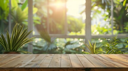 Poster - Empty wood table top on blur abstract green garden from window view in the morning For montage product display or design key visual layout : Generative AI