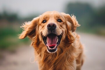 Wall Mural - Joyful Golden Retriever Running Through Grass