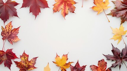 Poster - Autumn composition Frame made of autumn maple leaves on white background Flat lay top view copy space : Generative AI