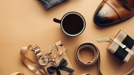 Top view layout Honor Dads sophistication with leather shoes necktie wristwatch glasses belt giftbox with ribbon bow coffee cup mens accessories on a beige background : Generative AI