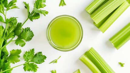 Aufkleber - Fresh green celery and glass with celery juice isolated on white background Creative layout Healthy eating and dieting food concept Design element Top view flat lay : Generative AI
