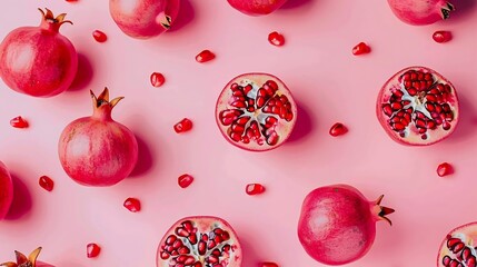 Aufkleber - Fresh pomegranate creative layout on bright background Healthy eating and dieting food concept Winter fruits and berries composition Top view flat lay design elements : Generative AI