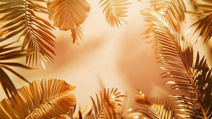 Poster - Creative layout made of colorful and golden tropical leaves and palms on beige background Minimal summer exotic concept with copy space Border arrangement background : Generative AI