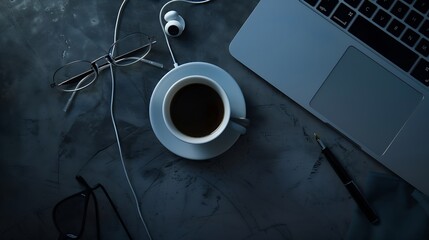 Poster - Desk with laptop eye glasses earphone pen and a cup of coffee Top view with copy space : Generative AI