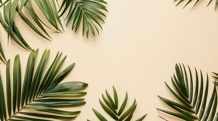 Poster - Tropical palm leaves on ivory background Summer concept Flat lay top view copy space : Generative AI