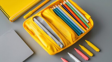 Poster - Back to school concept Yellow school pencil case with filling school stationery notebook pens pencils Yellow school accessories on grey background Flat lay top view copy space : Generative AI
