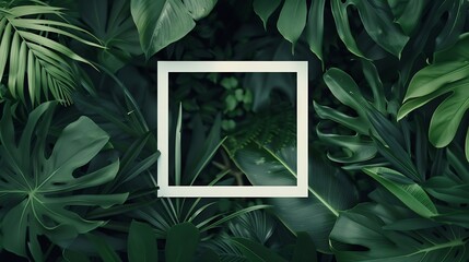 Poster - Square frame with leaves and Square frame background Creative layout made of tropical and leaves with green paper card note Blank for advertising card or invitation Flat lay Nature con : Generative AI