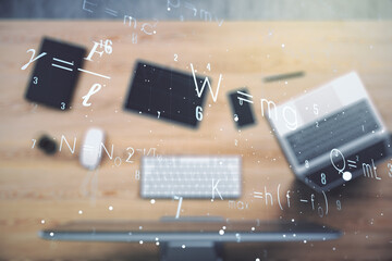 Poster - Creative scientific formula concept on modern laptop background. Multiexposure