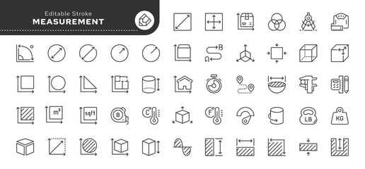  Measurements, size, parameter - series. Set of line icons in linear style. Outline icon collection. Conceptual pictogram and infographic.