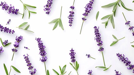 Aufkleber - Lavender flowers and leaves creative layout isolated on white background Top view flat lay Floral composition and design Healthy eating and alternative medicine concept : Generative AI