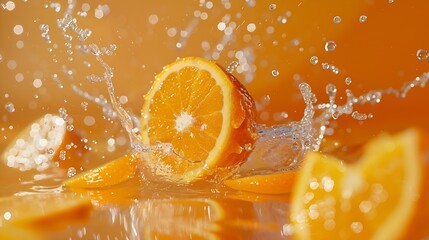 Poster - Creative layout made from Fresh Sliced oranges and Orange fruit and water Splashing on a orange background : Generative AI