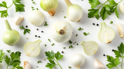 Onion bulbs and parsley composition and creative layout isolated on white background Healthy eating and dieting food concept Garden vegetable Design element Top view flat lay : Generative AI