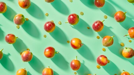 Aufkleber - Colorful fruit pattern of fresh passion fruits on green pastel background top view : Generative AI