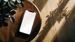 © Generative AI - Blank screen mobile phone with copy space on wooden side table Flat lay top view Copy space mockup template : Generative AI