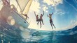 © Generative AI - Happy friends diving from sailing boat into the sea  Young people jumping inside ocean in summer excursion day  Vacation youth and fun concept  Soft focus on left man  Fisheye lens dis : Generative AI
