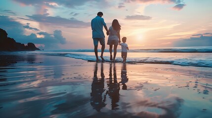 Wall Mural - Happy family holidays Joyful father mother baby son walk with fun along edge of sunset sea surf on black sand beach Active parents and people outdoor activity on summer vacations with  : Generative AI