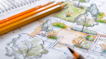 layout plan of home landscape design or garden design drawing by hand with color pencil on white paper : Generative AI
