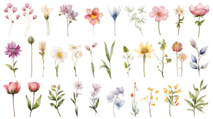 Wall Mural - set of watercolor wildflowers painting isolated on clear png background and transparent background. 