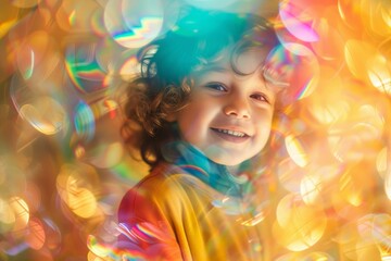 Wall Mural - Joyful young child with curly hair smiles amidst a vibrant backdrop of shimmering light bubbles