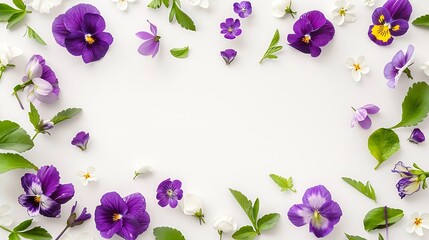 Poster - Viola pansy flower frame border Violet spring flowers and leaves isolated on white background Creative layout Floral design element Springtime and easter concept Top view flat lay : Generative AI