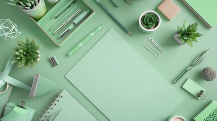 Poster - Modern eco friendly desktop with zero waste stationary Comfortable working space sustainable life style concept Top view flat lay : Generative AI