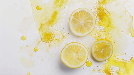Poster - Creative layout made of lemon with watercolor spots on the white background Flat lay Food concept : Generative AI