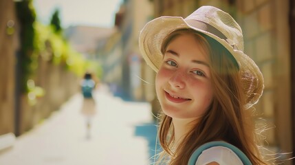 Young attractive smiling girl tourist in hat exploring new Europe city at summer holiday at Florence : Generative AI