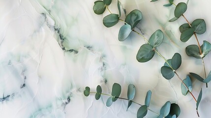 Watercolor eucalyptus branches on marble stone table top view Floral composition Flat lay top view copy space : Generative AI