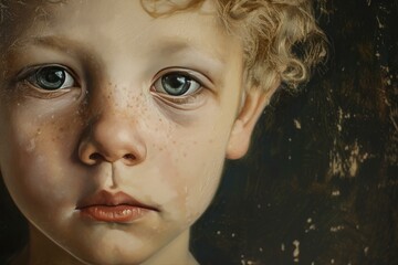 Canvas Print - Closeup of a curlyhaired child with soulful eyes and freckles, a timeless and emotive expression