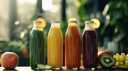 Aufkleber - Fresh detox fruit and vegetable smoothies or juice in bottles with various ingredients around essential nutrition part of a wellness program : Generative AI