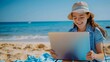 © Generative AI - Smiling teenager girl having a video chat through laptop on background the beach Summer vacation concept studying online with tablet distance learning self education beach work : Generative AI
