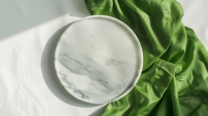 Poster - Empty marble plate with green fabric on white textured background Minimalist summer table setting Eco friendly style Top view : Generative AI
