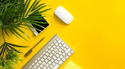 Aufkleber - Office desk workspace on bright color yellow background Office table Work space layout with computer keyboard plant mouse notepad notes and copy space Top view office table with palm p : Generative AI