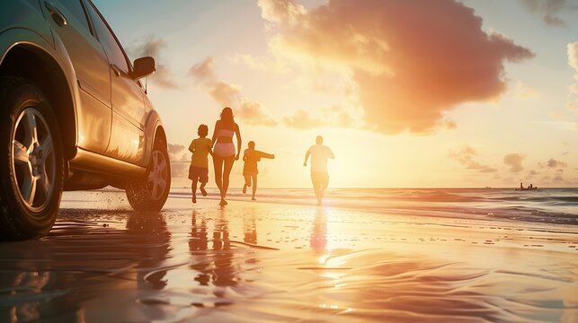 Family vacation holiday Happy family running on the beach in the sunset Back view of a happy family on a tropical beach and a car on the side : Generative AI
