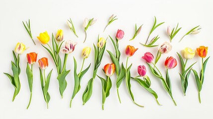 Poster - Spring tulips Composition and creative layout made of colorful tulip flowers isolated on white background Top view flat lay Design element : Generative AI