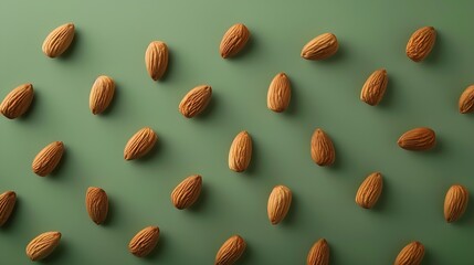 Poster - Creative layout made of almond on the green background Flat lay Food concept Macro concept : Generative AI