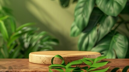 Aufkleber - Wood product display podium with nature green leaves for presentation design : Generative AI