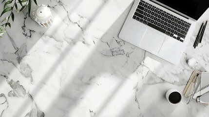 Aufkleber - White marble office desk table with laptop computer and supplies Top view with copy space flat lay : Generative AI