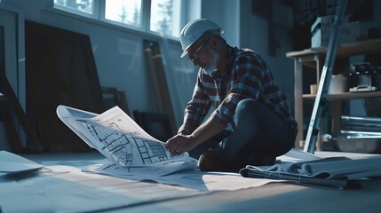 Aufkleber - Architect builder studying layout plan of the rooms while sitting on the floor serious civil engineer working with documents on construction site or home interiorBuilding repair and ho : Generative AI