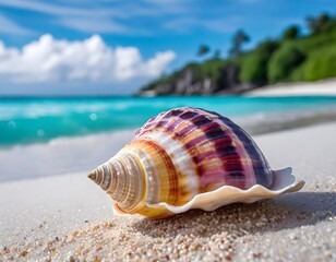 Canvas Print - Close-up of a beautiful seashell on a tropical beach. Blurred background of the coast with palm trees.