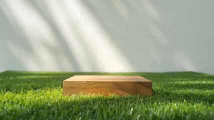 Poster - wood podium on green grass with isolated white space in backgroundpromotion beauty cosmetic and healthy natural product placement pedestal platform showcase displayspring or summer adv : Generative AI