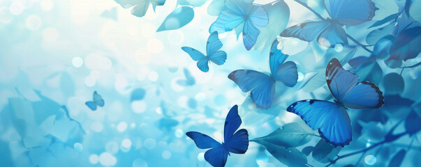 butterfly background. Background of delicate blue butterflies on a blue background with copy space