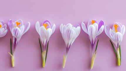 Poster - flower layout from spring flowers crocus on a pastellilac background Top view and copy space : Generative AI