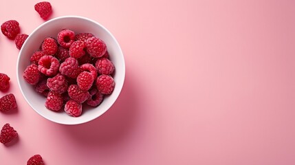 Poster - Fresh raspberries in white bowl on pastel pink background Flat lay top view copy space : Generative AI
