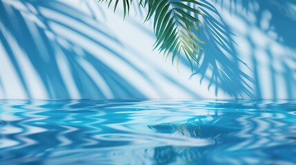Poster - Summer BackgroundPure Water Surface Texture on Blue Wall Studio with Light Shadow Palm LeavesBackdrop Podium Display and water floating sun reflectionConcept Spring cosmetic or Spa Pro : Generative AI